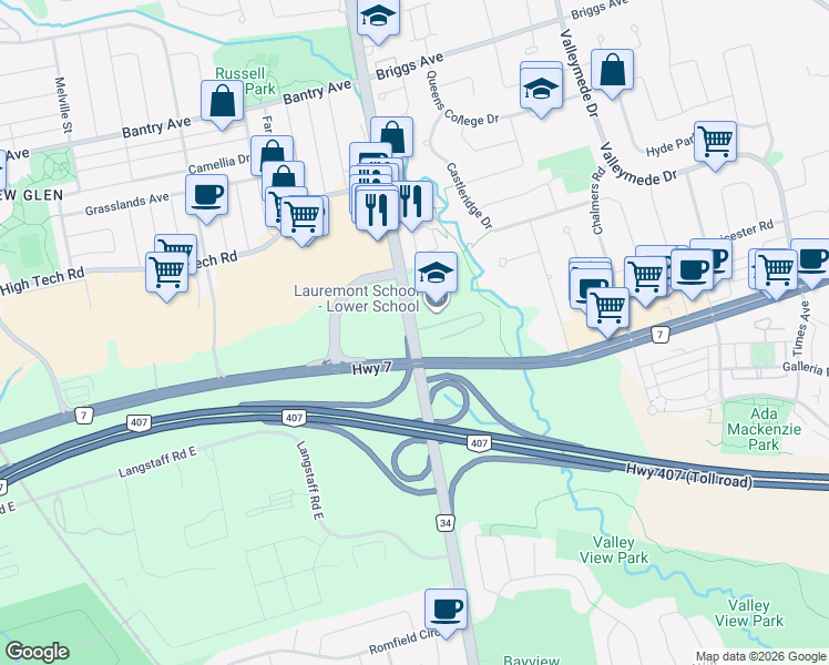 map of restaurants, bars, coffee shops, grocery stores, and more near 8502 Bayview Avenue in Richmond Hill