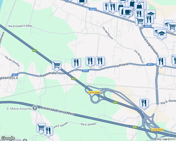 map of restaurants, bars, coffee shops, grocery stores, and more near 2414 Via Pisana in Lucca