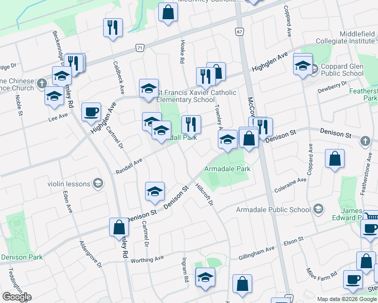 map of restaurants, bars, coffee shops, grocery stores, and more near 7 Timbers Circle in Markham