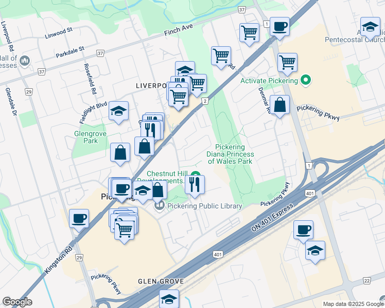 map of restaurants, bars, coffee shops, grocery stores, and more near 1533 Avonmore Square in Pickering