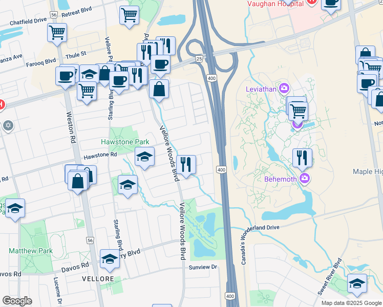 map of restaurants, bars, coffee shops, grocery stores, and more near in Vaughan