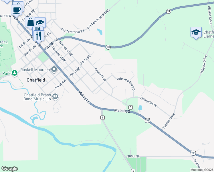 map of restaurants, bars, coffee shops, grocery stores, and more near 1107 Liberty Street Southeast in Chatfield