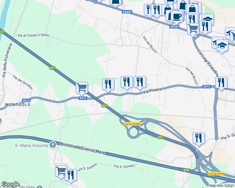 map of restaurants, bars, coffee shops, grocery stores, and more near 2414 Via Pisana in Lucca