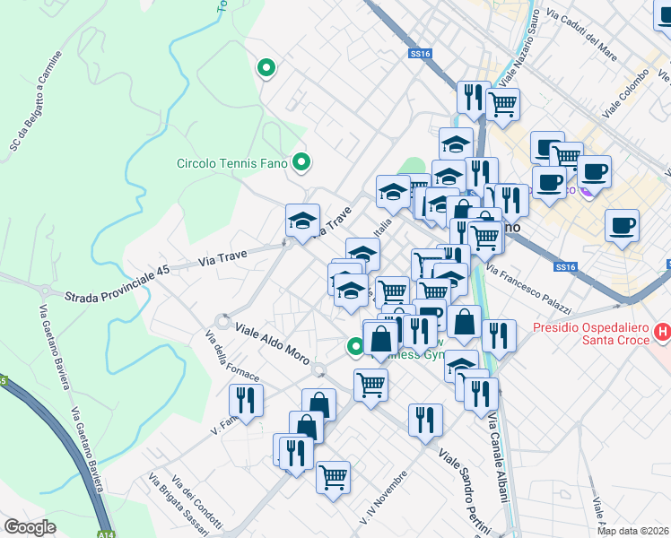 map of restaurants, bars, coffee shops, grocery stores, and more near 4 Via Liguria in Fano