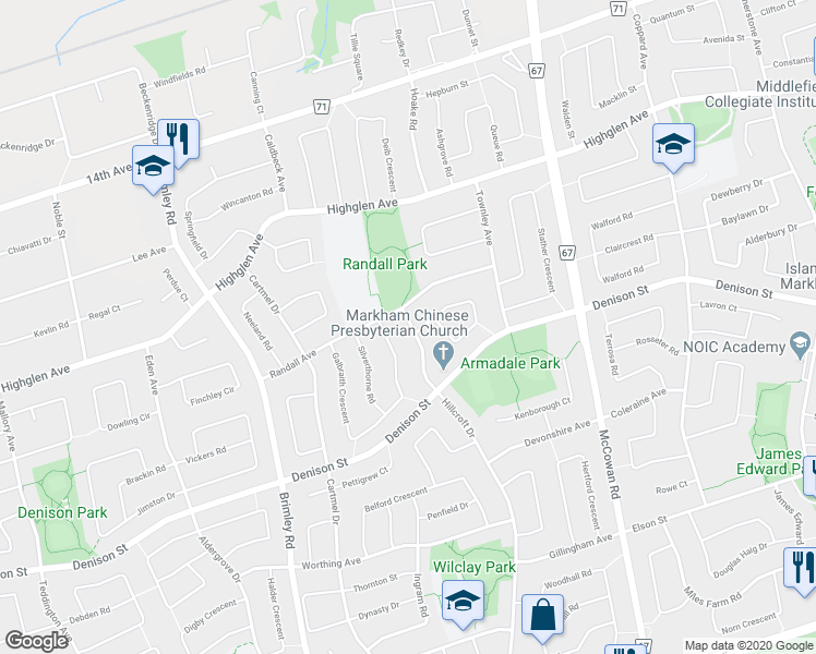 map of restaurants, bars, coffee shops, grocery stores, and more near 176 Hillcroft Drive in Markham
