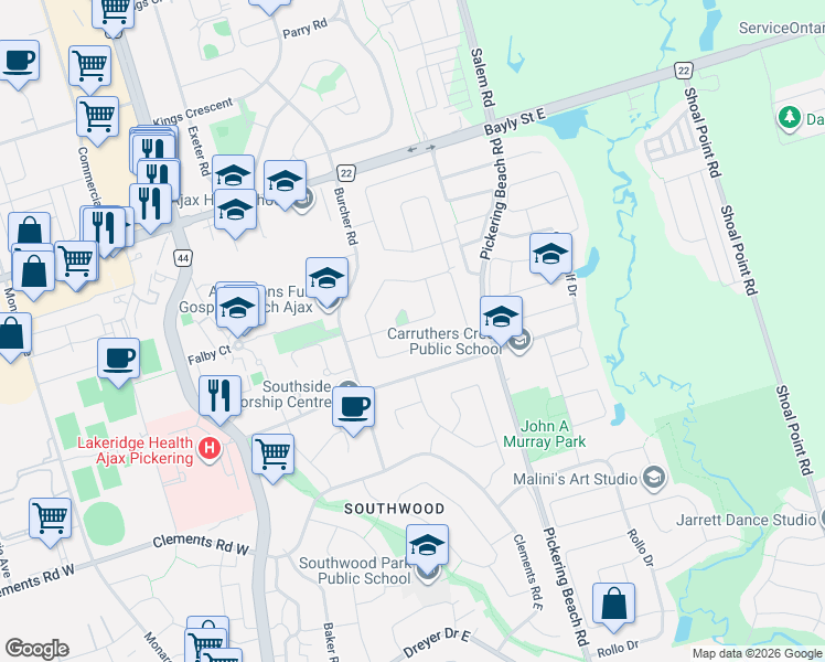 map of restaurants, bars, coffee shops, grocery stores, and more near 89 Hurley Road in Ajax