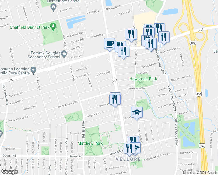 map of restaurants, bars, coffee shops, grocery stores, and more near 37 Andes Crescent in Vaughan