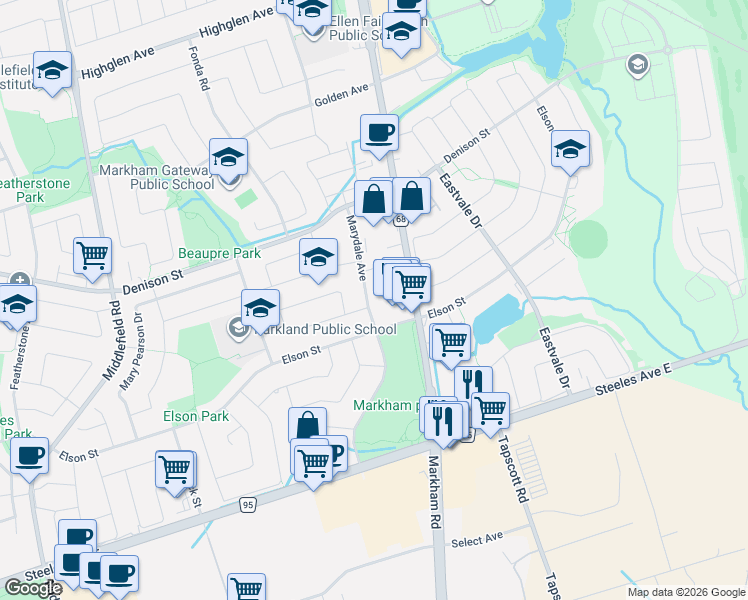 map of restaurants, bars, coffee shops, grocery stores, and more near 75 Marydale Avenue in Markham