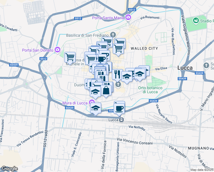 map of restaurants, bars, coffee shops, grocery stores, and more near 123 Corso Giuseppe Garibaldi in Lucca
