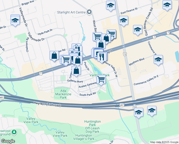 map of restaurants, bars, coffee shops, grocery stores, and more near 92 Pond Drive in Markham