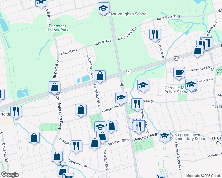 map of restaurants, bars, coffee shops, grocery stores, and more near 67 Elderbrook Crescent in Vaughan