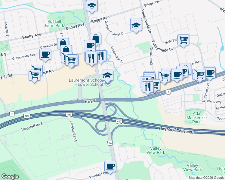map of restaurants, bars, coffee shops, grocery stores, and more near 8501 Bayview Avenue in Richmond Hill