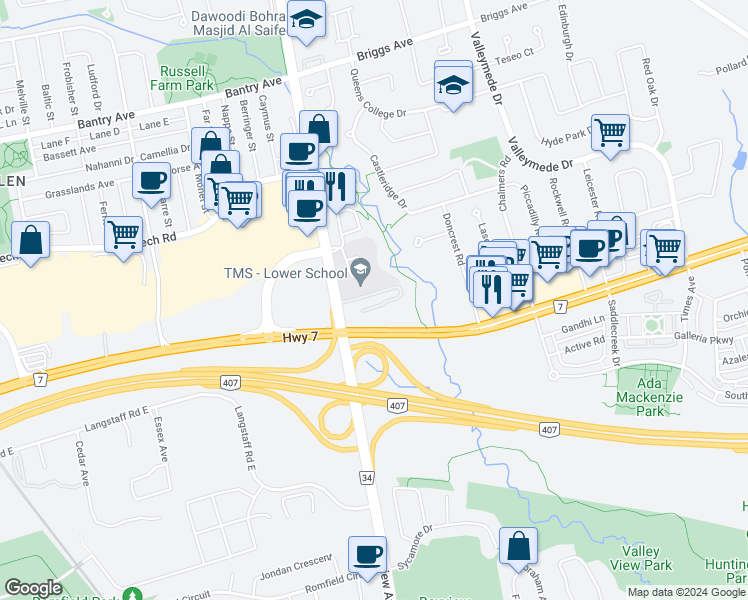 map of restaurants, bars, coffee shops, grocery stores, and more near 296 Highway 7 in Richmond Hill