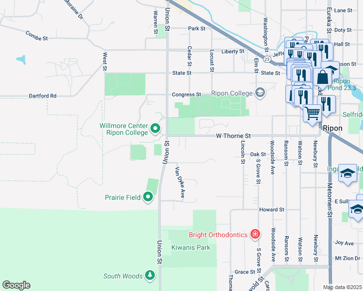 map of restaurants, bars, coffee shops, grocery stores, and more near 690 Emerson Avenue in Ripon