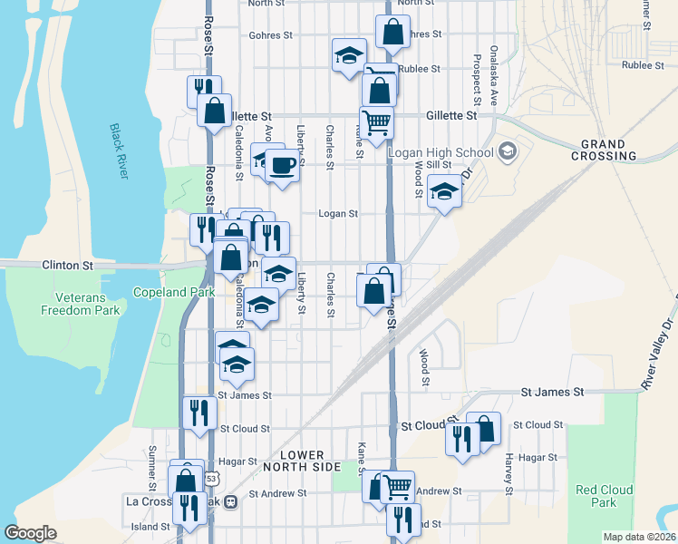 map of restaurants, bars, coffee shops, grocery stores, and more near 1206 Charles Street in La Crosse