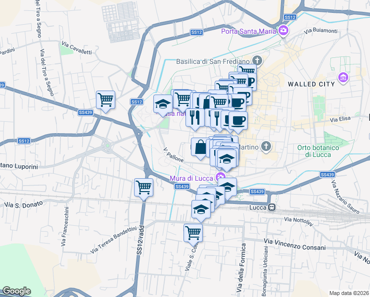map of restaurants, bars, coffee shops, grocery stores, and more near 38 Via della Cittadella in Lucca