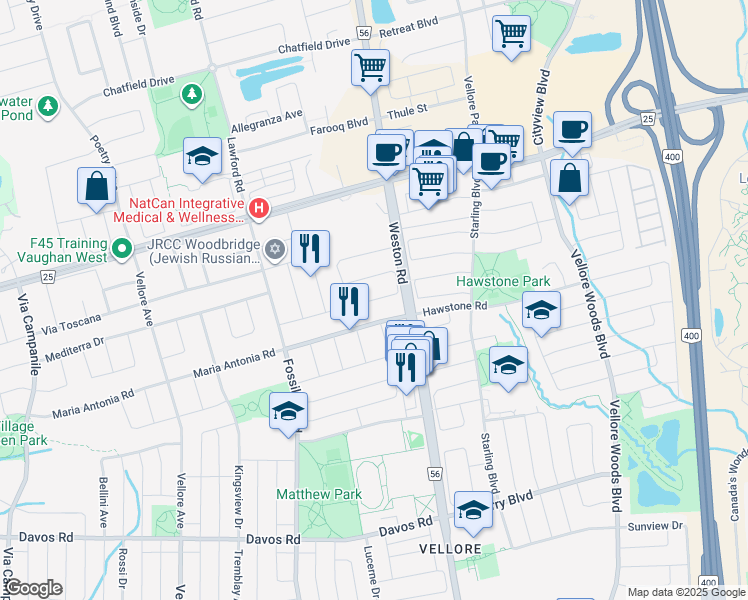 map of restaurants, bars, coffee shops, grocery stores, and more near Andes Crescent in Vaughan