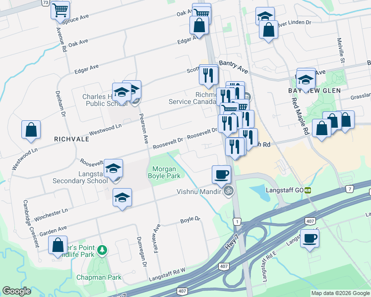 map of restaurants, bars, coffee shops, grocery stores, and more near 74 Eleanor Circle in Richmond Hill