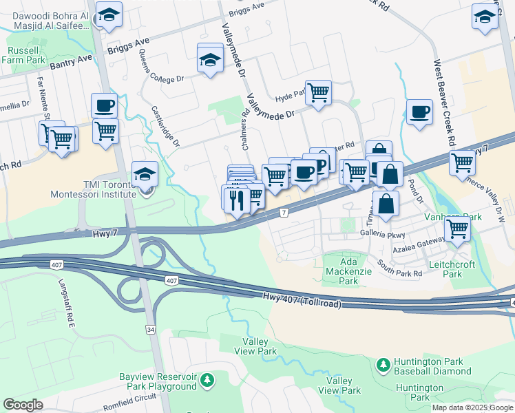 map of restaurants, bars, coffee shops, grocery stores, and more near 330 Highway 7 in Richmond Hill