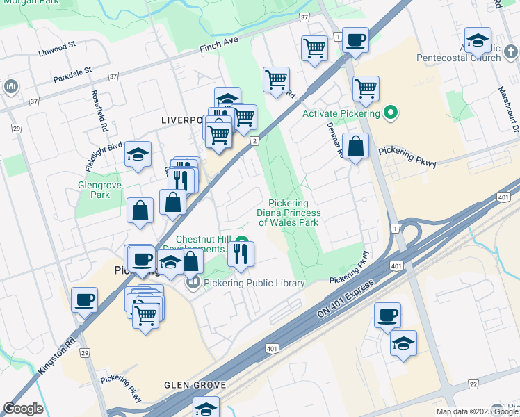 map of restaurants, bars, coffee shops, grocery stores, and more near 1557 Avonmore Square in Pickering