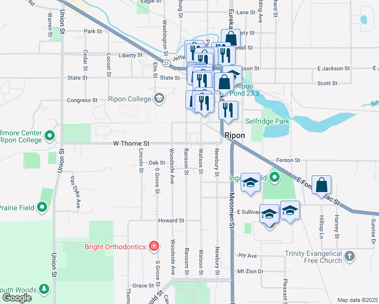 map of restaurants, bars, coffee shops, grocery stores, and more near 515 Ransom Street in Ripon