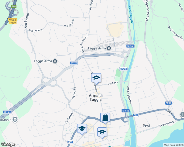 map of restaurants, bars, coffee shops, grocery stores, and more near 203 Via San Francesco in Taggia