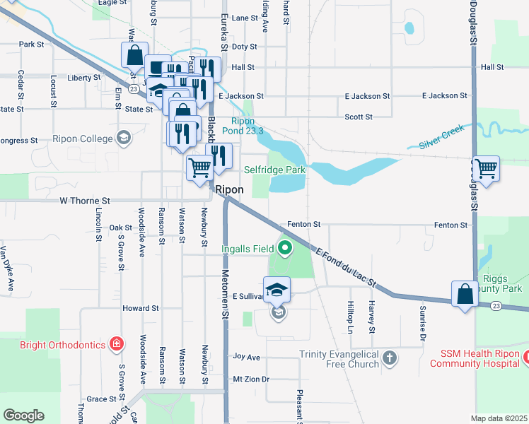 map of restaurants, bars, coffee shops, grocery stores, and more near 321 East Fond Du Lac Street in Ripon