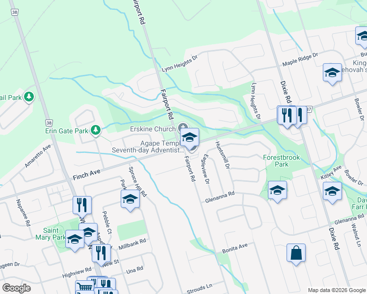 map of restaurants, bars, coffee shops, grocery stores, and more near Finch Avenue in Pickering