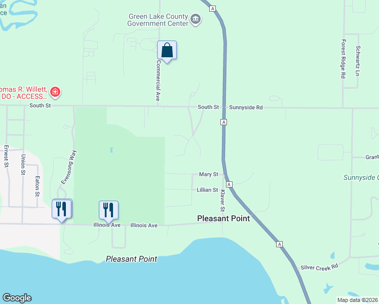 map of restaurants, bars, coffee shops, grocery stores, and more near 448 Bluebird Court in Green Lake