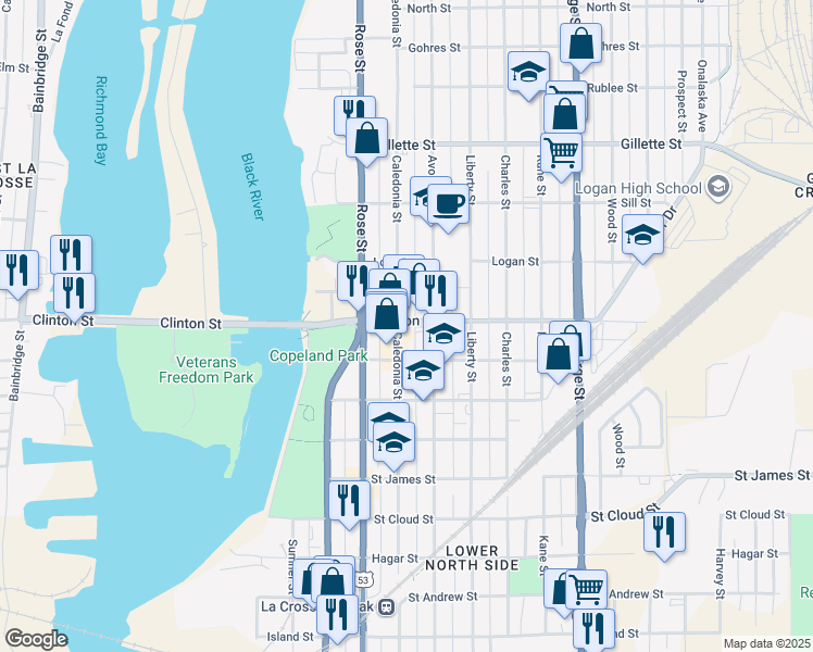map of restaurants, bars, coffee shops, grocery stores, and more near 1234 Caledonia Street in La Crosse