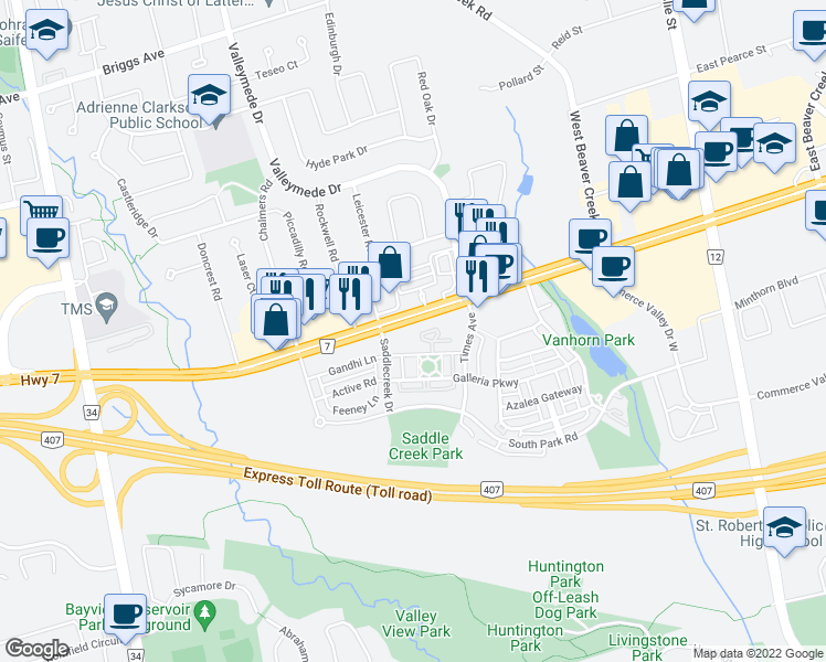 map of restaurants, bars, coffee shops, grocery stores, and more near in Richmond Hill