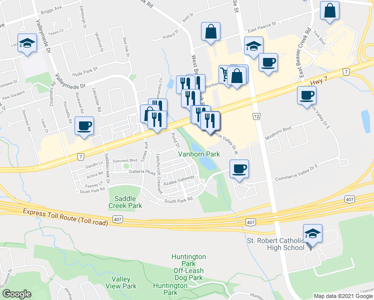 map of restaurants, bars, coffee shops, grocery stores, and more near 95 Pond Drive in Markham