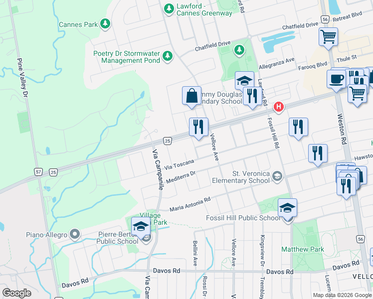 map of restaurants, bars, coffee shops, grocery stores, and more near 23 Ciro Barillari Court in Vaughan
