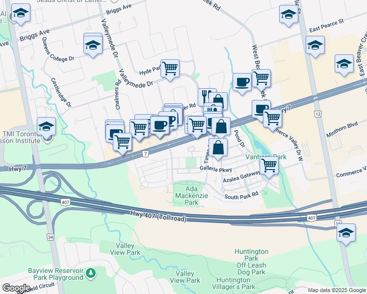 map of restaurants, bars, coffee shops, grocery stores, and more near 48 Suncrest Boulevard in Markham