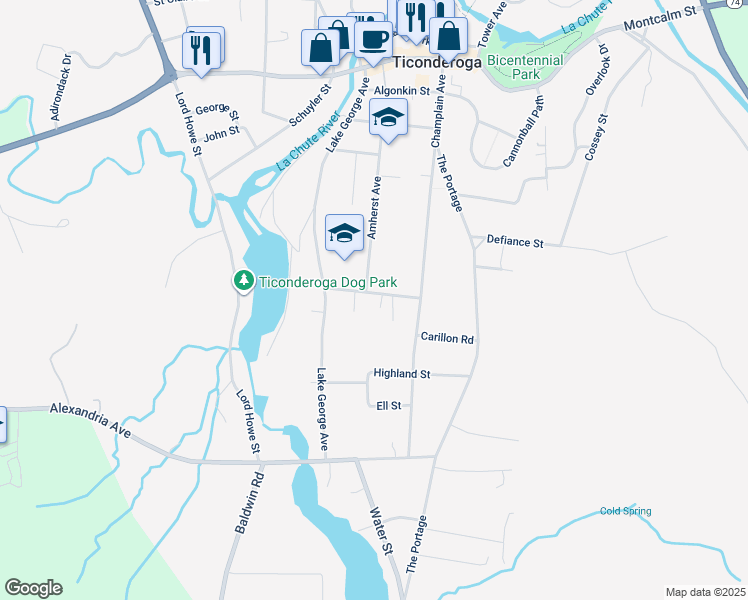 map of restaurants, bars, coffee shops, grocery stores, and more near 307-359 Amherst Ave in Ticonderoga