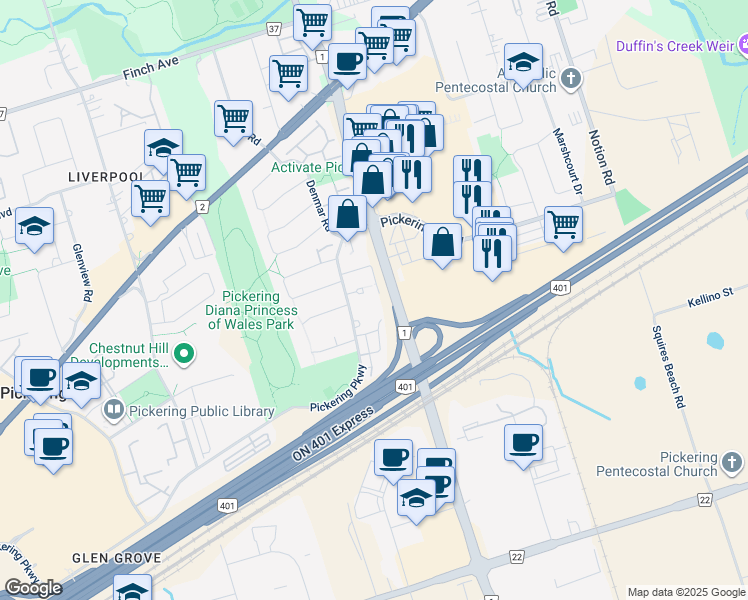 map of restaurants, bars, coffee shops, grocery stores, and more near in Pickering
