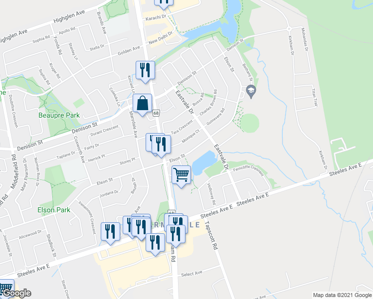 map of restaurants, bars, coffee shops, grocery stores, and more near in Markham
