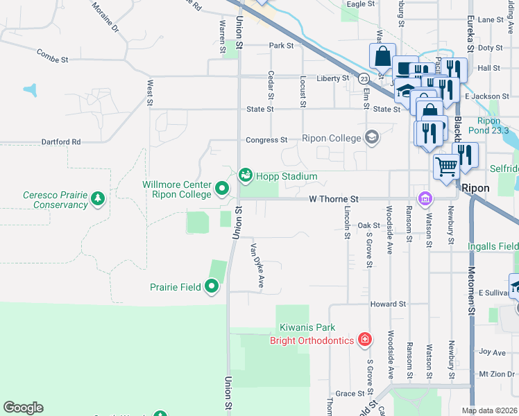 map of restaurants, bars, coffee shops, grocery stores, and more near 727 West Thorne Street in Ripon