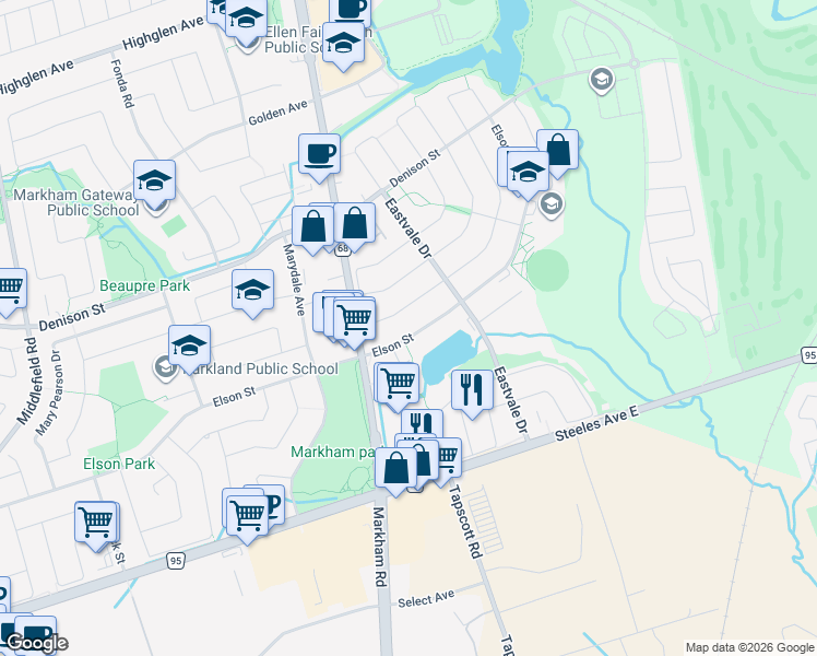 map of restaurants, bars, coffee shops, grocery stores, and more near 322 Elson Street in Markham