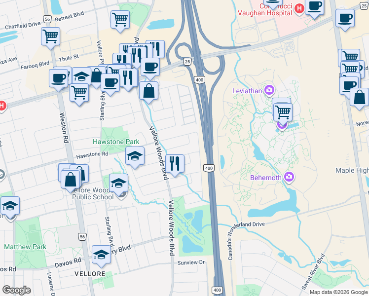 map of restaurants, bars, coffee shops, grocery stores, and more near 55 Redfinch Crescent in Vaughan