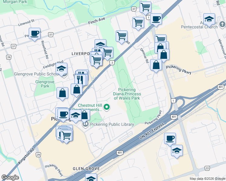 map of restaurants, bars, coffee shops, grocery stores, and more near 1559 Avonmore Square in Pickering