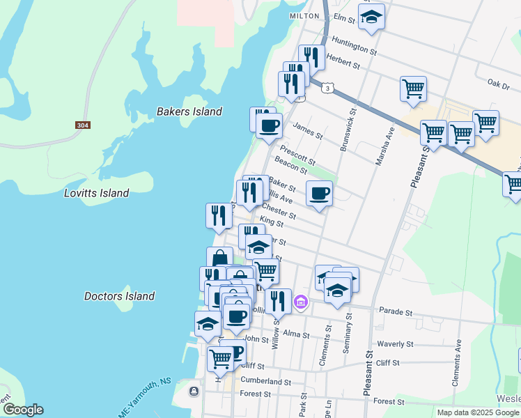 map of restaurants, bars, coffee shops, grocery stores, and more near 479 Main Street in Yarmouth