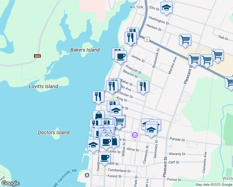 map of restaurants, bars, coffee shops, grocery stores, and more near 479 Main Street in Yarmouth