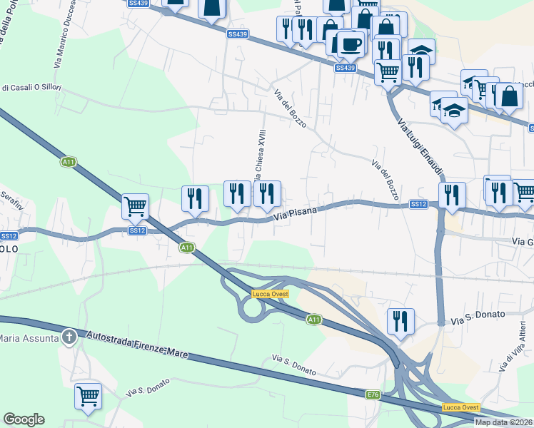 map of restaurants, bars, coffee shops, grocery stores, and more near 88 Via Chiesa XVIII in Lucca