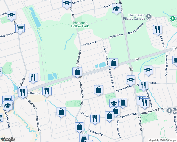 map of restaurants, bars, coffee shops, grocery stores, and more near Spruce Pine Crescent in Vaughan