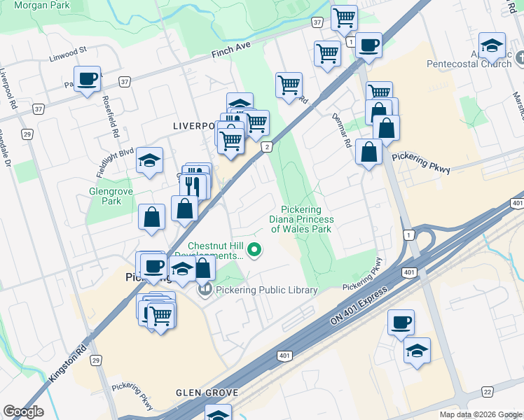 map of restaurants, bars, coffee shops, grocery stores, and more near 1544 Avonmore Square in Pickering