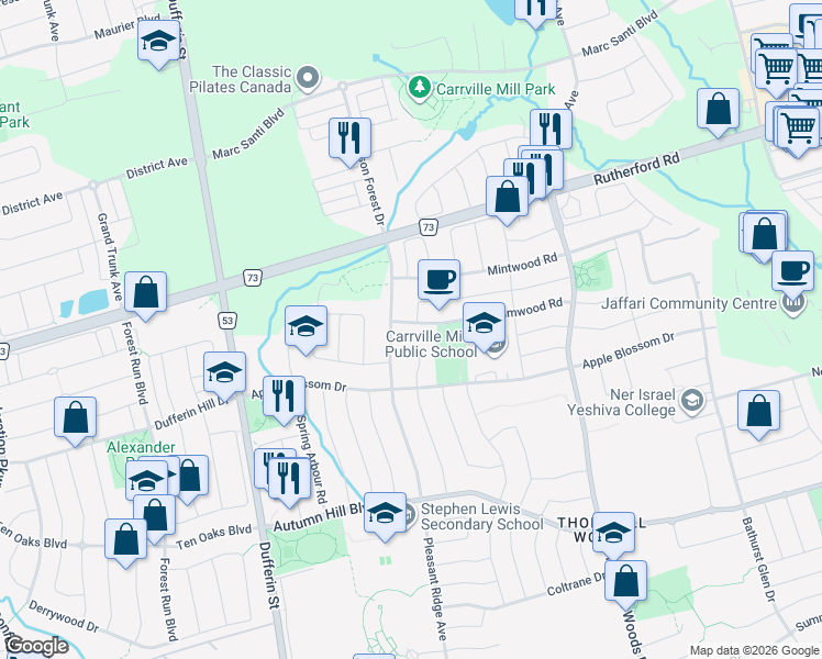 map of restaurants, bars, coffee shops, grocery stores, and more near in Vaughan