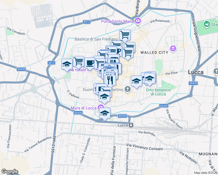 map of restaurants, bars, coffee shops, grocery stores, and more near 18 Via Roma in Lucca