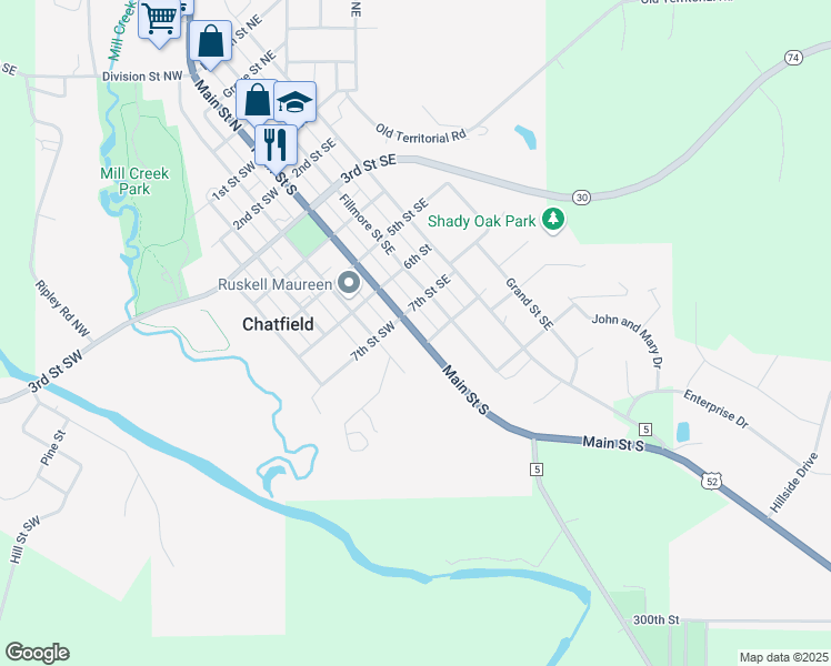 map of restaurants, bars, coffee shops, grocery stores, and more near Main Street South in Chatfield