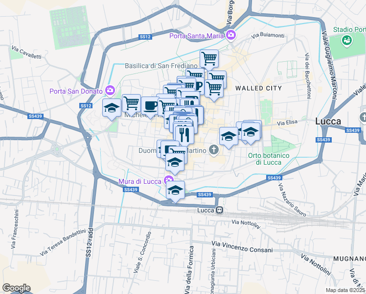map of restaurants, bars, coffee shops, grocery stores, and more near 18 Via Roma in Lucca
